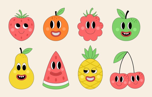 Conjunto de divertidas frutas maravillosas. Lindas caras de personajes simples. Pegatinas hippie en estilo retro de moda.
