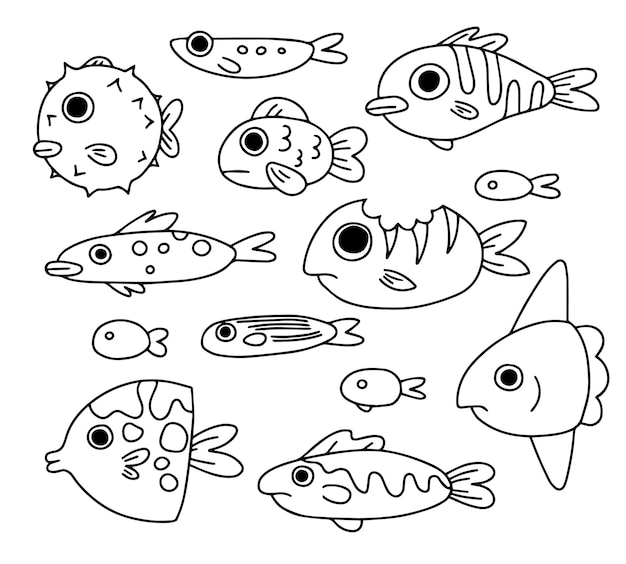 conjunto de divertidas ilustraciones vectoriales de peces en un libro de colorear de estilo doodle