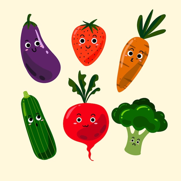 Vector conjunto divertido de frutas y verduras