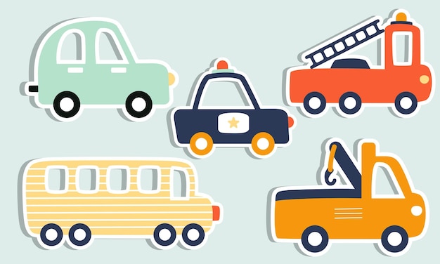 Conjunto de divertidos adhesivos de transporte para niños gráficos dibujados a mano. ilustración vectorial