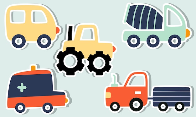 Conjunto de divertidos adhesivos de transporte para niños gráficos dibujados a mano. ilustración vectorial