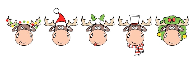 Vector conjunto de divertidos alces navideños