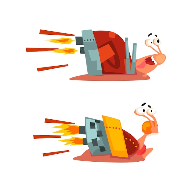 Conjunto de divertidos caracoles rápidos divertidos personajes de moluscos con ilustración vectorial de dibujos animados de aumento de velocidad