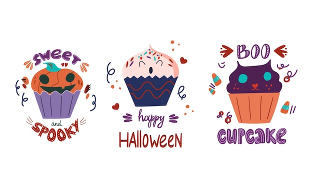Un conjunto de divertidos cupcakes de Halloween son monstruos con inscripciones Trick or Treat Happy Halloween