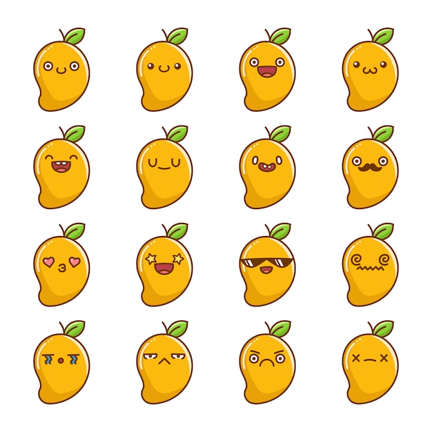 Conjunto de divertidos dibujos animados de frutas de mango tropical kawaii