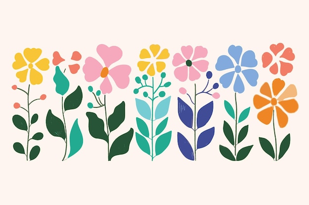 Un conjunto de divertidos elementos de diseño de flores y naturaleza de colección vectorial plana dibujada a mano