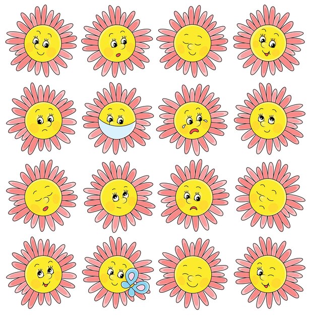 Conjunto de divertidos emoticonos de flores amarillas y rosas con caras sonrientes tristes y muchas otras