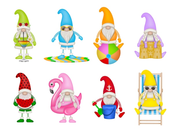 Vector conjunto de divertidos gnomos de verano.