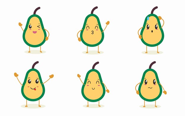 Conjunto de divertidos y lindos personajes de aguacate con diferentes expresiones faciales nutrición saludable