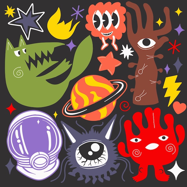 Vector conjunto de divertidos monstruos de dibujos animados personajes halloween sobre fondo negro