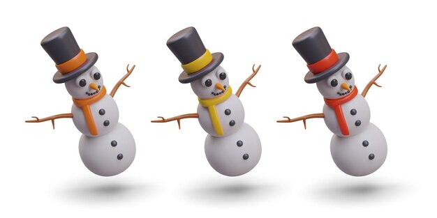 Conjunto de divertidos muñecos de nieve al estilo de dibujos animados personaje de invierno hecho de nieve
