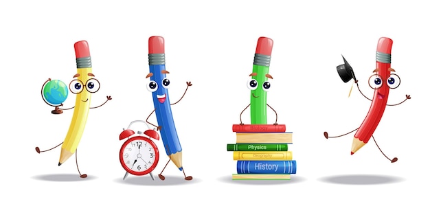 Un conjunto de divertidos personajes de dibujos animados con elementos de accesorios educativos aislados en un