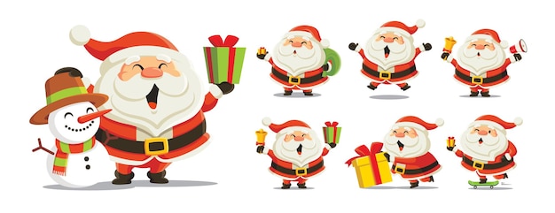 Conjunto de divertidos personajes de dibujos animados de Santa Claus en diferentes posturas y acciones