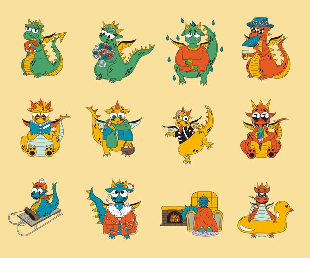 Conjunto de divertidos personajes de fantasía dragón aislado en el fondo Vector iconos coloridos de dibujos animados