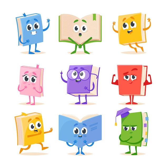 Conjunto de divertidos personajes de libros de dibujos animados aislados sobre fondo blanco Mascotas humanizadas Libros infantiles con caras sonrientes