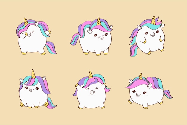 Conjunto de divertidos unicornios regordetes