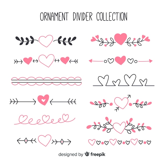 Vector conjunto de divisores ornamentales dibujados a mano con corazones