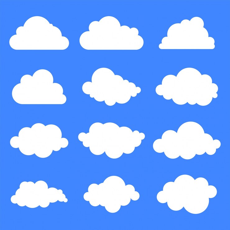 Vector conjunto de doce diferentes nubes sobre fondo azul.