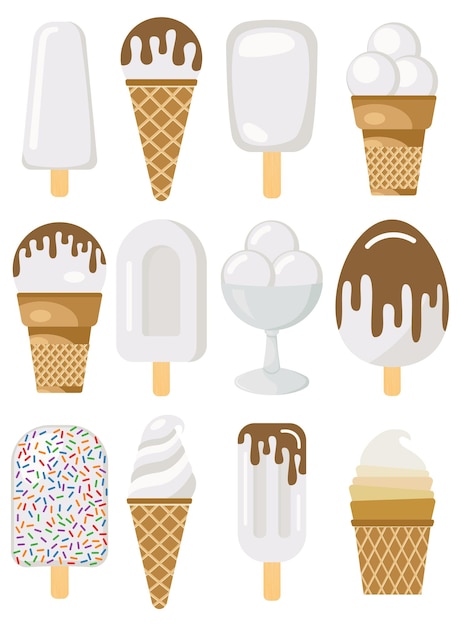 Conjunto de doce ilustración vectorial de helado. Helado cremoso multicolor