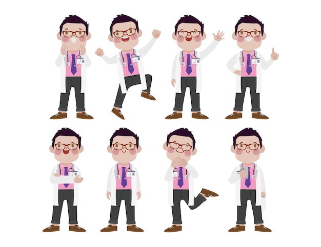 Vector conjunto de doctor con diferentes poses.