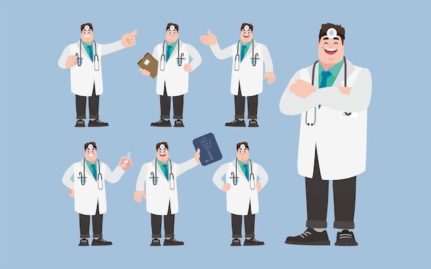 Conjunto de doctor con diferentes poses.