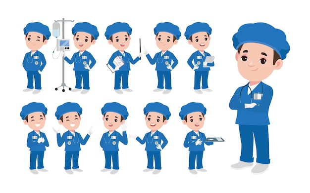 Conjunto de doctor con diferentes poses.