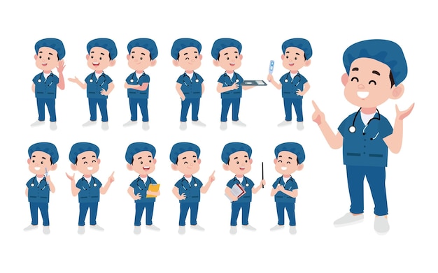 Conjunto de doctor con diferentes poses.