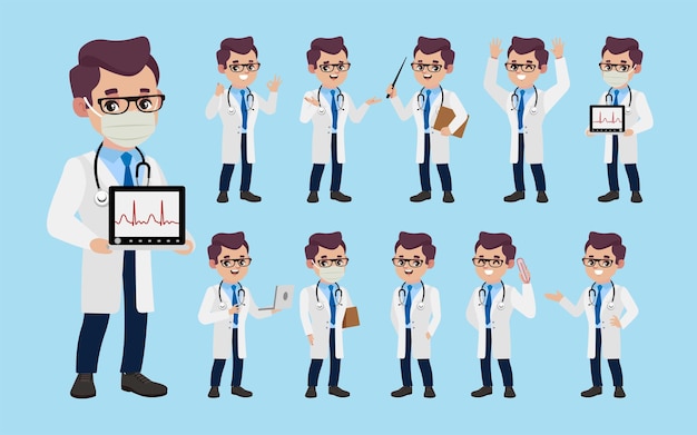 Conjunto de doctor con diferentes poses.