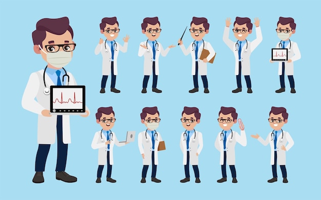 Vector conjunto de doctor con diferentes poses.