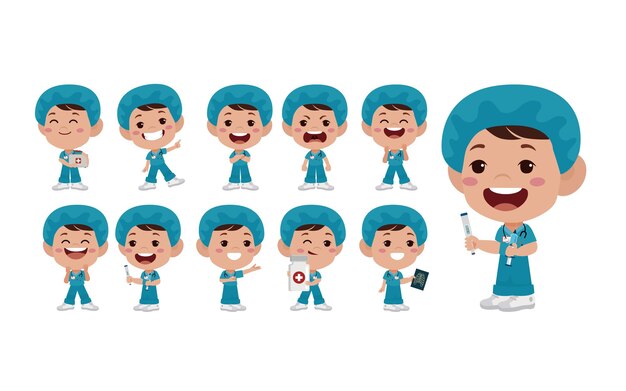 Conjunto de doctor con diferentes poses.