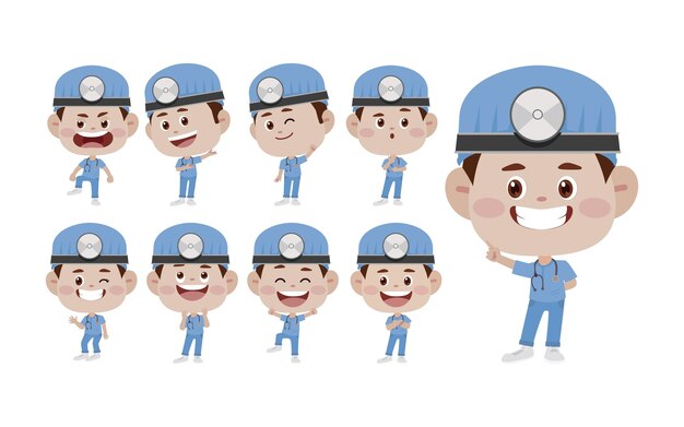 Conjunto de doctor con diferentes poses.