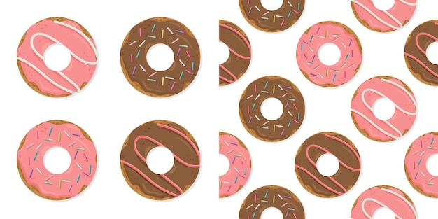 Conjunto de donas de colores de dibujos animados aislado sobre fondo blanco.