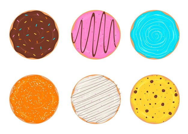 Conjunto de donas glaseadas Donas planas coloridas Diseño de postre dulce vista superior Comida poco saludable comida rápida ilustración vectorial