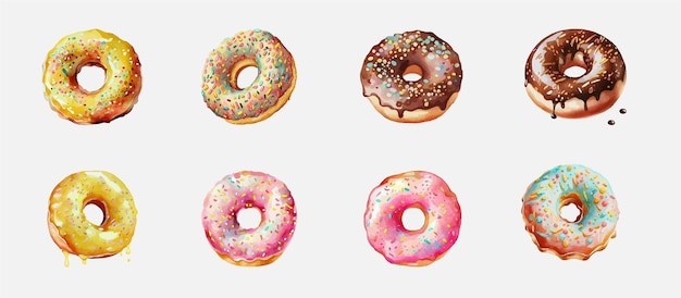 Conjunto de donuts de acuarela Ilustración vectorial aislada sobre fondo blanco Donuts en glaseado colorido