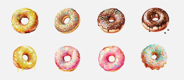 Conjunto de donuts de acuarela Ilustración vectorial aislada sobre fondo blanco Donuts en glaseado colorido