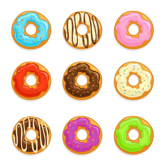 Conjunto de donuts con chocolate y glaseado de colores y chispitas de colores. donuts aislado sobre fondo blanco, ilustración.