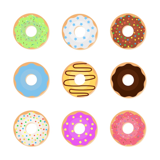 Conjunto de donuts de colores. Ilustración vectorial de rosquillas dulces