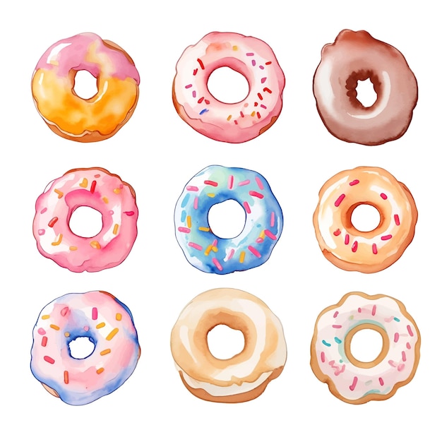 Conjunto de donuts coloridos aislado sobre fondo blanco Ilustración acuarela