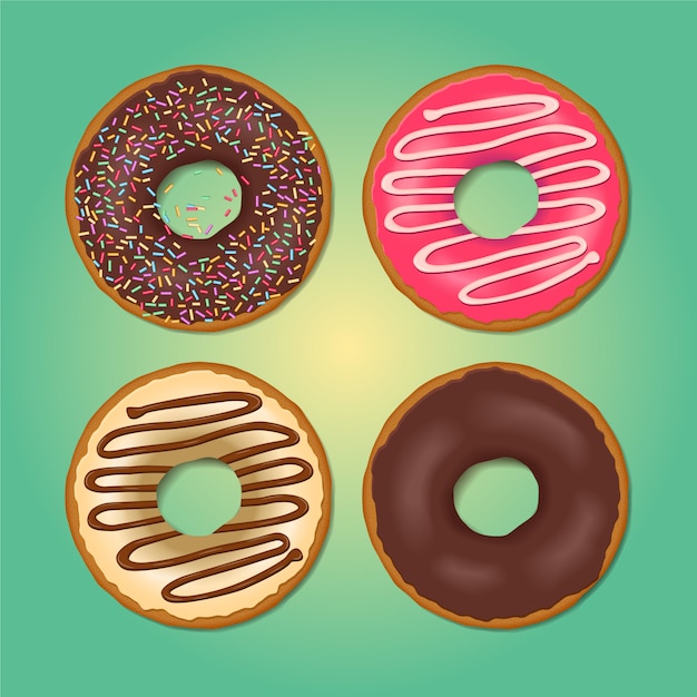 Vector conjunto de donuts coloridos dibujos animados. donuts de vista superior