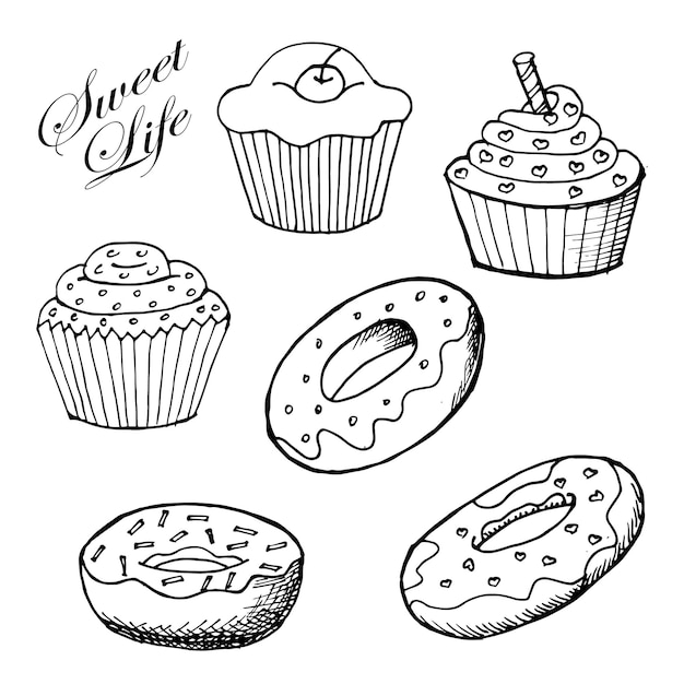 Conjunto de donuts y cupcakes dibujados a mano, boceto, dibujo de contorno. Ilustración de alimentos, vector