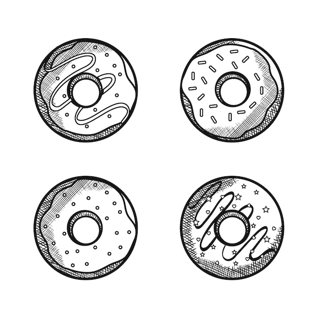 Vector conjunto de donuts dibujados a mano sobre fondo blanco. ilustración vectorial