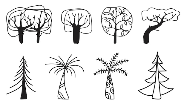 Conjunto doodle árbol dibujado a mano bosquejado vector