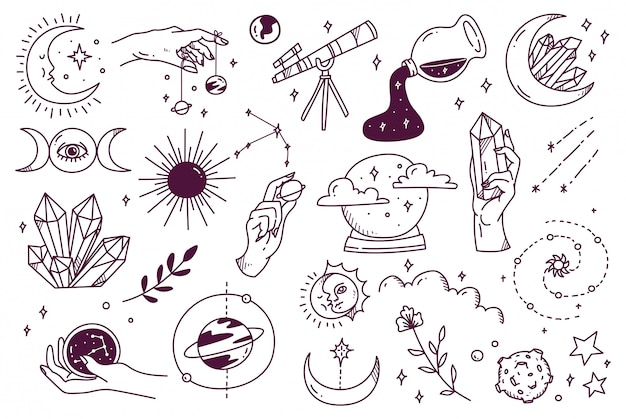 Conjunto de doodle de astronomía mística