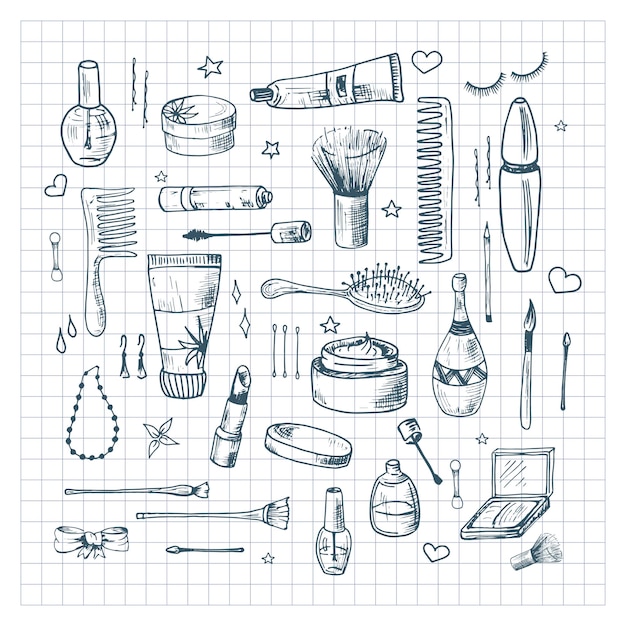Conjunto de doodle de belleza. Colección de iconos y objetos de belleza, maquillaje y cosmética dibujados a mano. Elementos de diseño de croquis. Ilustraciones de vectores sobre un fondo a cuadros.