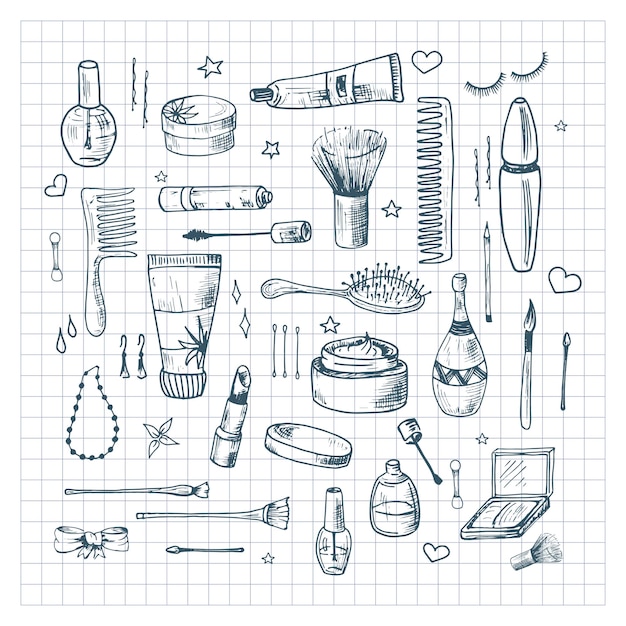 Conjunto de doodle de belleza. colección de iconos y objetos de belleza, maquillaje y cosmética dibujados a mano. elementos de diseño de croquis. ilustraciones de vectores sobre un fondo a cuadros.