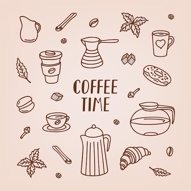 Conjunto de doodle de café con letras