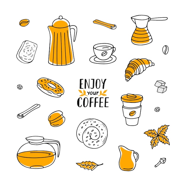 Conjunto de doodle de café con letras