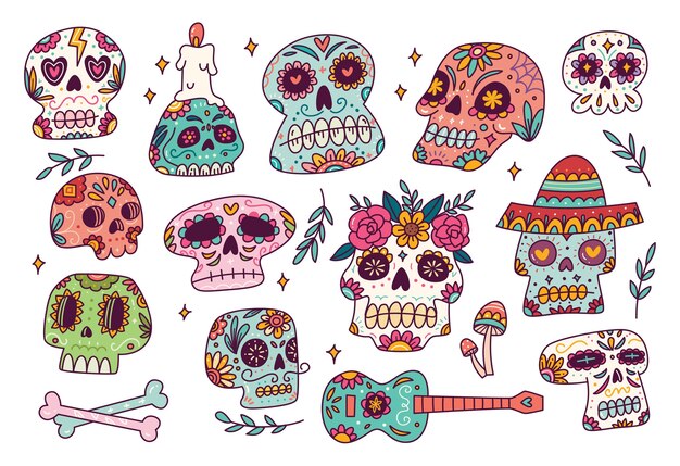 Conjunto de doodle de calavera de azúcar