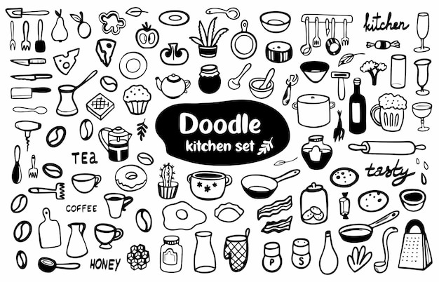 Conjunto de Doodle de cocina, utensilios y alimentos dibujados a mano