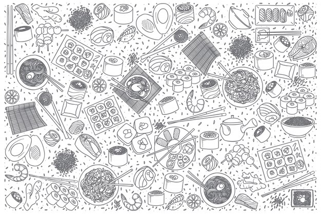 Conjunto de doodle de comida japonesa